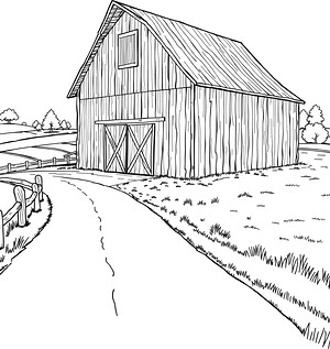 Old Barn and Country Lane - Printable coloring page