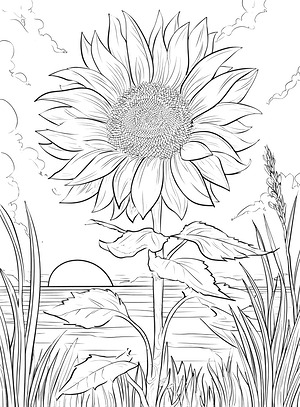 Sunflower Field Dusk - Printable coloring page