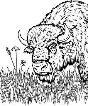 Bison in Tall Grass - Printable coloring page