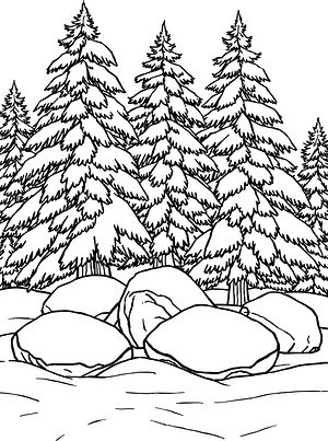 Snow-Laden Pines at Forest Edge - Printable coloring page