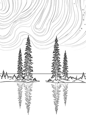 Northern Lights Over Trees - Printable coloring page