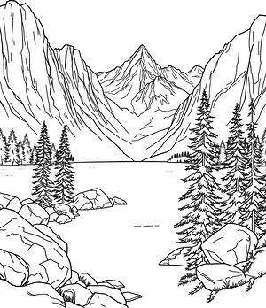 Alpine Lake Between Tall Peaks - Printable coloring page