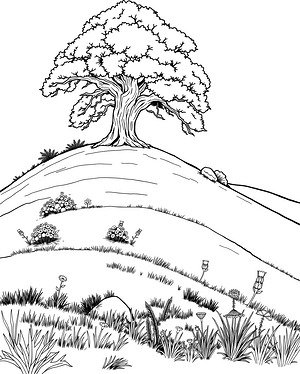 Rolling Hill with Oak Tree - Printable coloring page