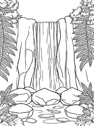 Rocky Falls and Ferns - Printable coloring page