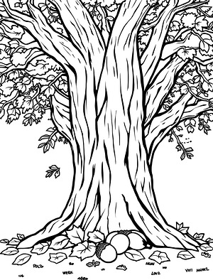 Autumn Oak with Leaves - Printable coloring page