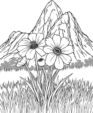 Wild Blooms on Slope - Printable coloring page