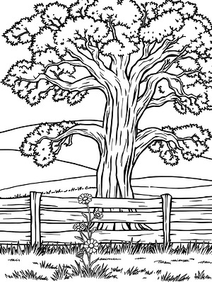 Tree by Fence - Printable coloring page