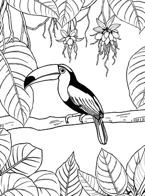 Toucan Among Forest Leaves - Printable coloring page