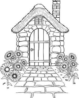 Stone Cottage Among Wildflowers - Printable coloring page