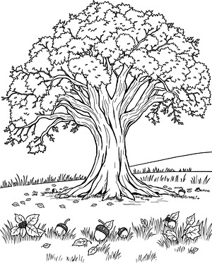 Autumn Oak with Acorns - Printable coloring page