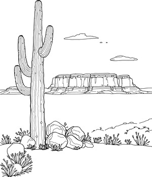 Saguaro Among Desert Rocks - Printable coloring page