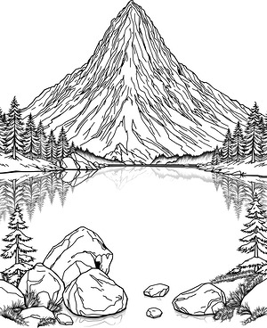 Mountain Peak Mirrored in Still Lake - Printable coloring page