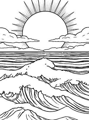 Waves Beneath the Descending Sun - Printable coloring page