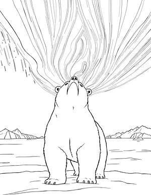 Polar Bear Beneath Aurora Sky - Printable coloring page