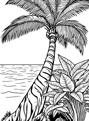 Palm Fronds Over Ocean Waves - Printable coloring page