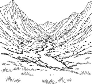 Valley Peaks and River - Printable coloring page