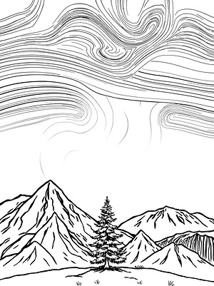 Northern Lights Over Peaks - Printable coloring page