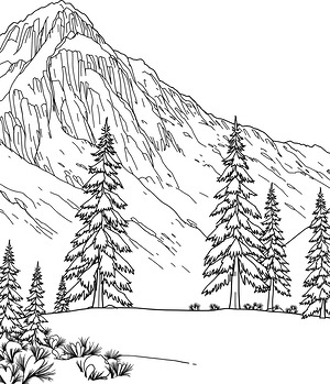 Frosty Peak with Pines - Printable coloring page