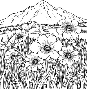 Wildflowers Among Mountain Grasses - Printable coloring page