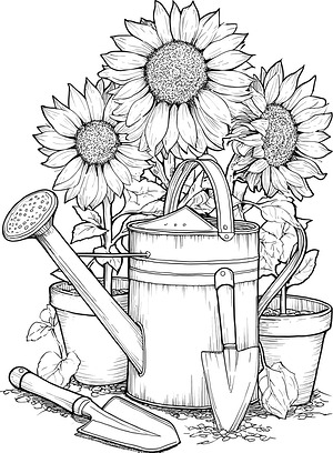Garden Tools and Flowers - Printable coloring page