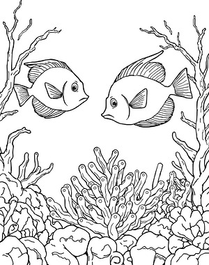 Angelfish Pair Among Coral Branches - Printable coloring page