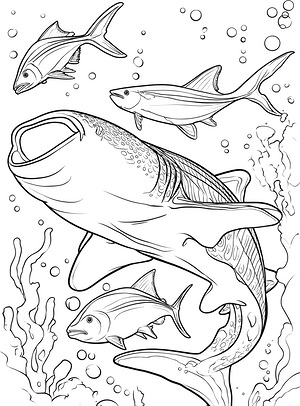 Whale Shark with Fish - Printable coloring page