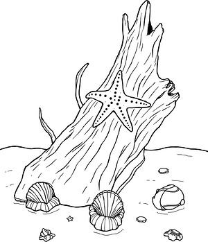 Driftwood with Starfish - Printable coloring page