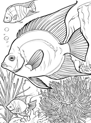 Angelfish Near Coral - Printable coloring page