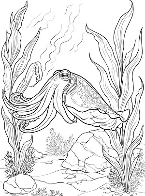 Cuttlefish with Kelp - Printable coloring page