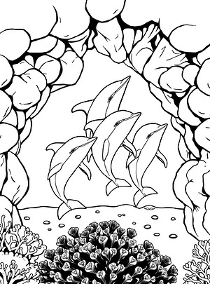 Dolphins Swimming Through Coral Gateway - Printable coloring page