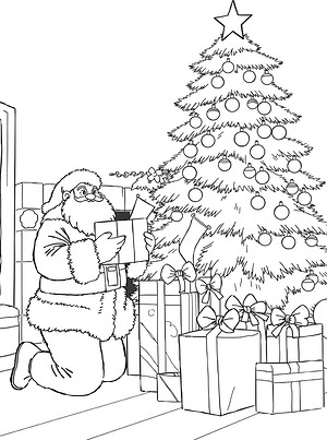 Santa Placing Gifts Under Tree - Printable coloring page