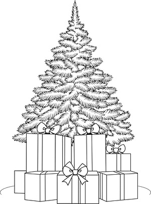 Tall Fir with Wrapped Gifts - Printable coloring page