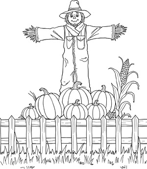 Scarecrow in Pumpkin Field - Printable coloring page