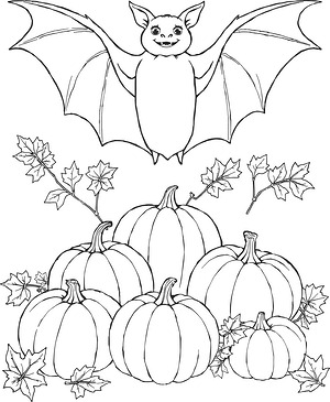 Halloween Bat and Gourds - Printable coloring page