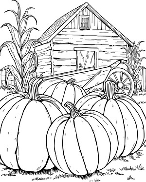 Harvest Pumpkin Display with Farmhouse Backdrop - Printable coloring page