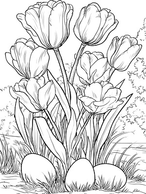 Eggs Among Spring Tulips - Printable coloring page