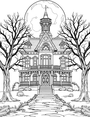 Victorian Manor Under Midnight Moon - Printable coloring page