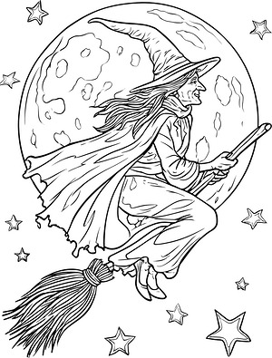 Flying Witch with Stars - Printable coloring page