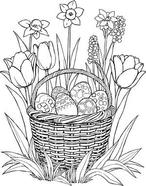 Easter Basket Amid Blooming Tulips - Printable coloring page