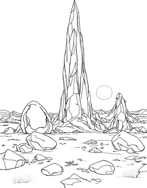Giant Crystal Spire on Alien Plain - Printable coloring page