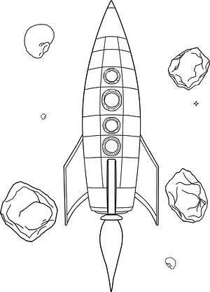 Rocket Among Big Asteroids - Printable coloring page